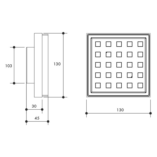 Austworld, monopoly tapware,	technical drawing
floor grate, DESIGNER FLOOR GRATE SQUARE, matt black