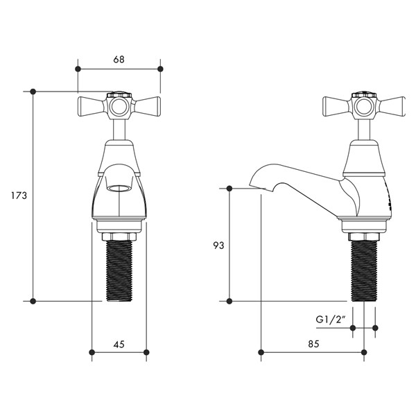 Austworld technical drawing, monopoly tapware, OLD KENT PILLAR TAP, Chrome plated