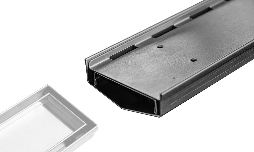 Austworld linear drain kit side view illustrates ability to be cut to measure